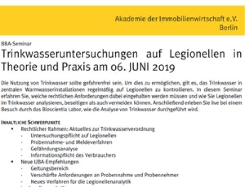 BBA-Trinkwasser-Seminar mit Laborführung und Legionellenansatz „live“ am 6. Juni in Berlin